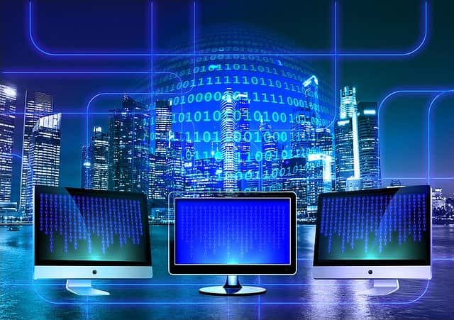 Image of three computer monitors and lines representing the networks and systems to which they are connected. Thin client FAQs can help your company decide if this model of virtual desktop computing (VDI) is right for you.